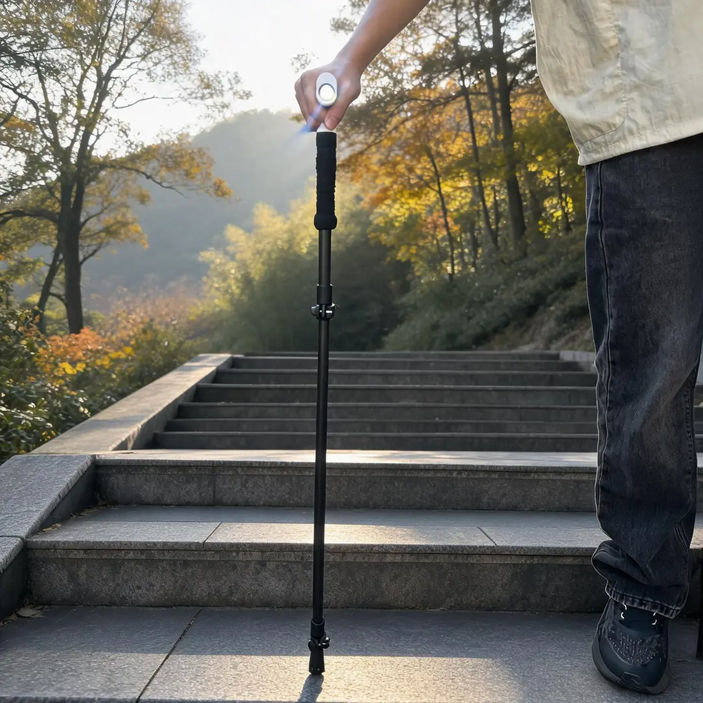 Multi-Function LED Hiking Staff – Telescopic Walking Cane with Light & Four-Sided Anti-Slip Design