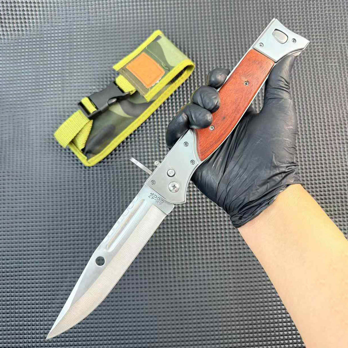 Tactical AK‑47 Bayonet Style Folding Pocket Knife Wood Handle EDC Camping Collection Knife