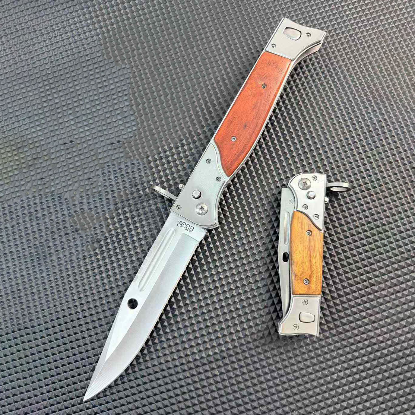 Tactical AK‑47 Bayonet Style Folding Pocket Knife Wood Handle EDC Camping Collection Knife
