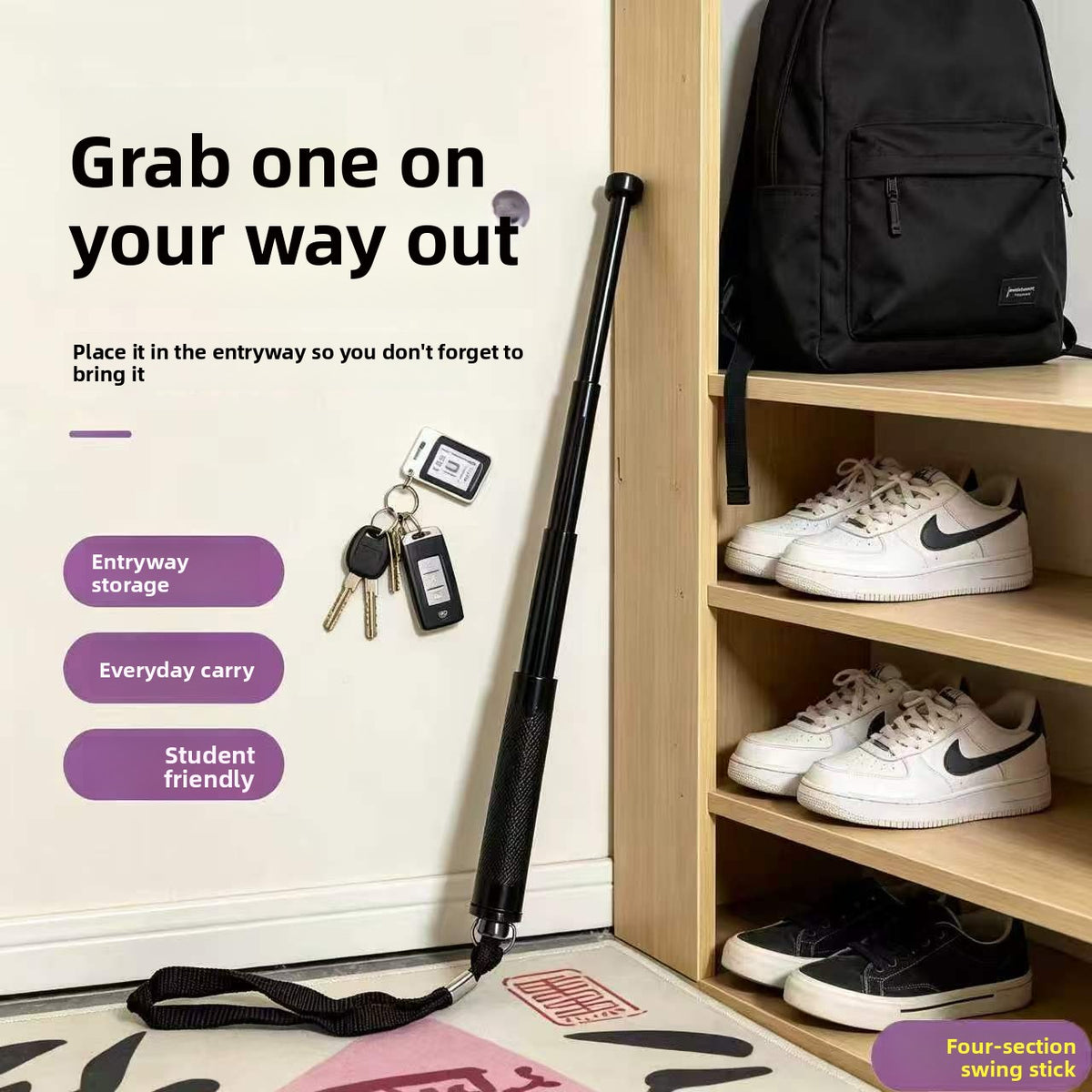 Portable 4-section telescopic baton compact, vehicle-friendly, and capable of breaking windows