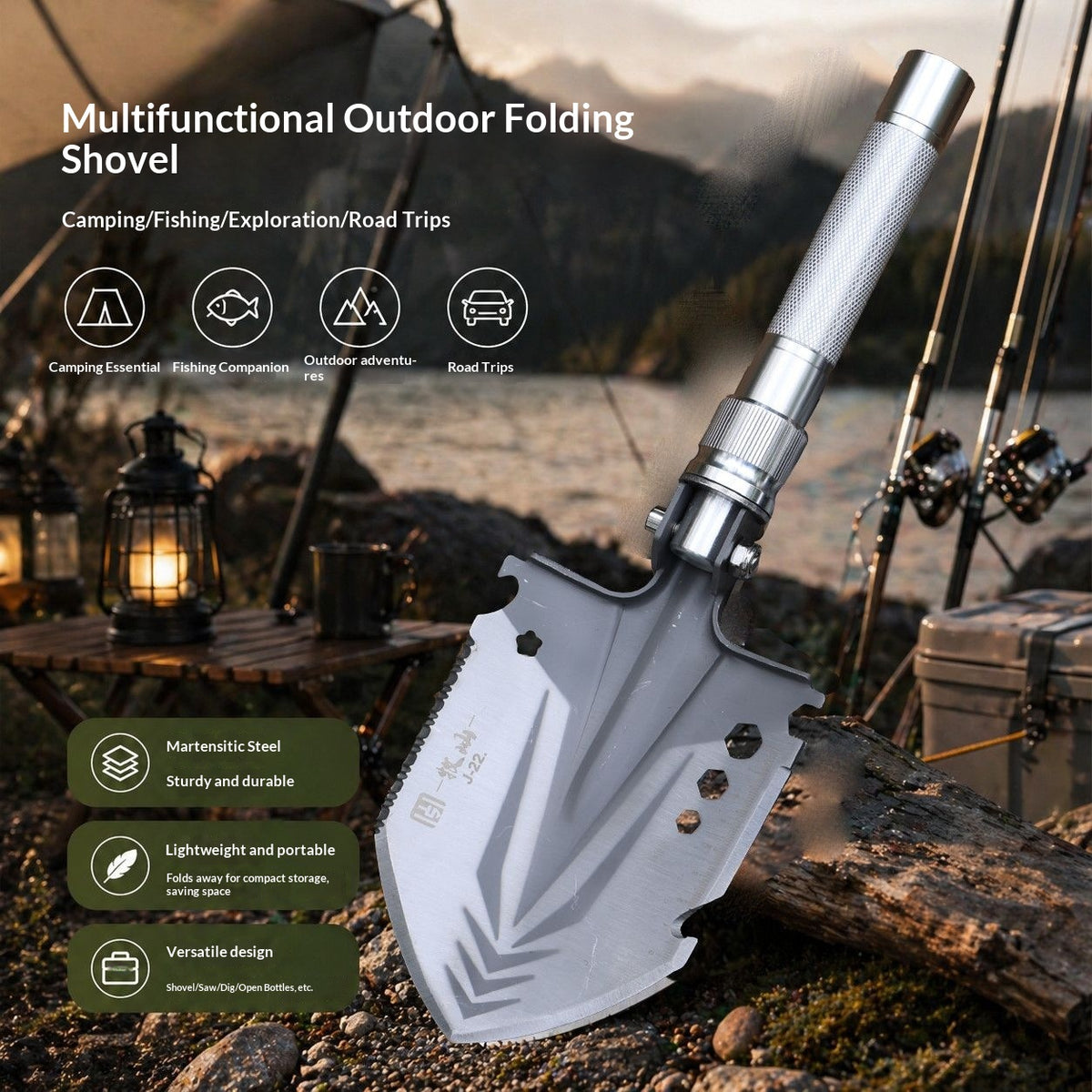 Outdoor multifunctional thickened upgraded j-22 steel shovel fishing folding self-defense shovel military shovel