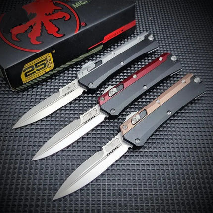 Tri-Side X-Button Auto Fidget Taschenmesser, Premium D2 Doppelklinge TC4 Titanlegierung Clip Nylonscheide für EDC Harteinsatz Sammlung