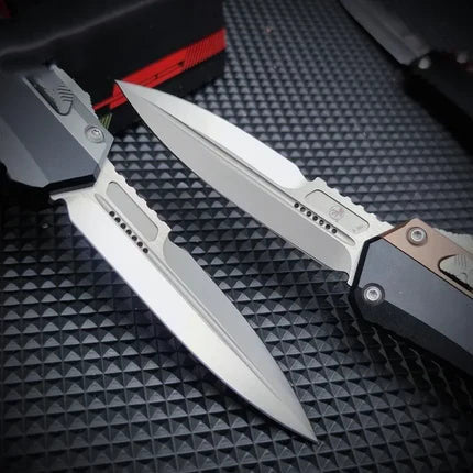 Tri-Side X-Button Auto Fidget Taschenmesser, Premium D2 Doppelklinge TC4 Titanlegierung Clip Nylonscheide für EDC Harteinsatz Sammlung