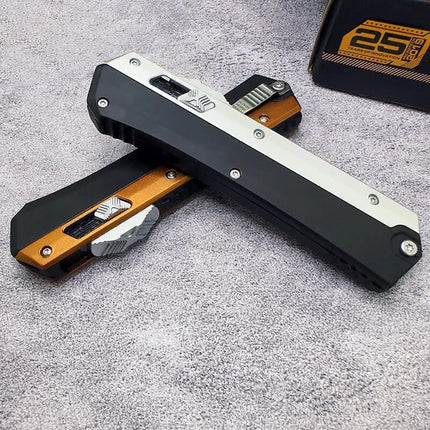 Tri-Side X-Button Auto Fidget Taschenmesser, Premium D2 Doppelklinge TC4 Titanlegierung Clip Nylonscheide für EDC Harteinsatz Sammlung