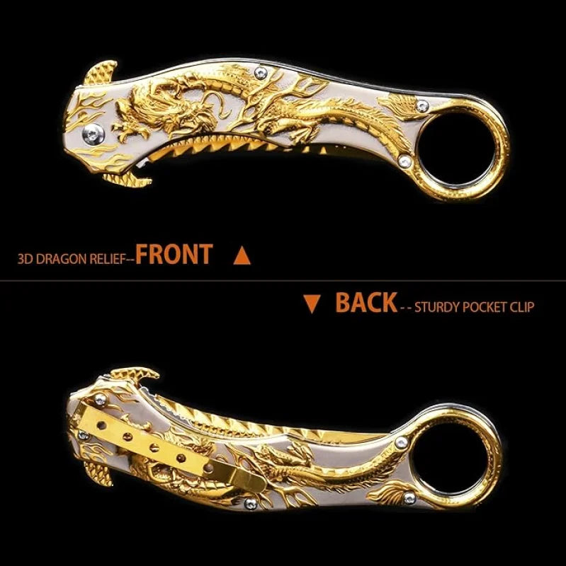 Portable folding knife with gold dragon relief design