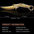 Portable folding knife with gold dragon relief design