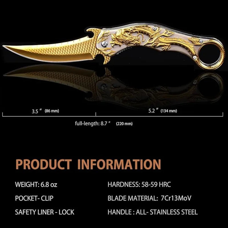 Portable folding knife with gold dragon relief design