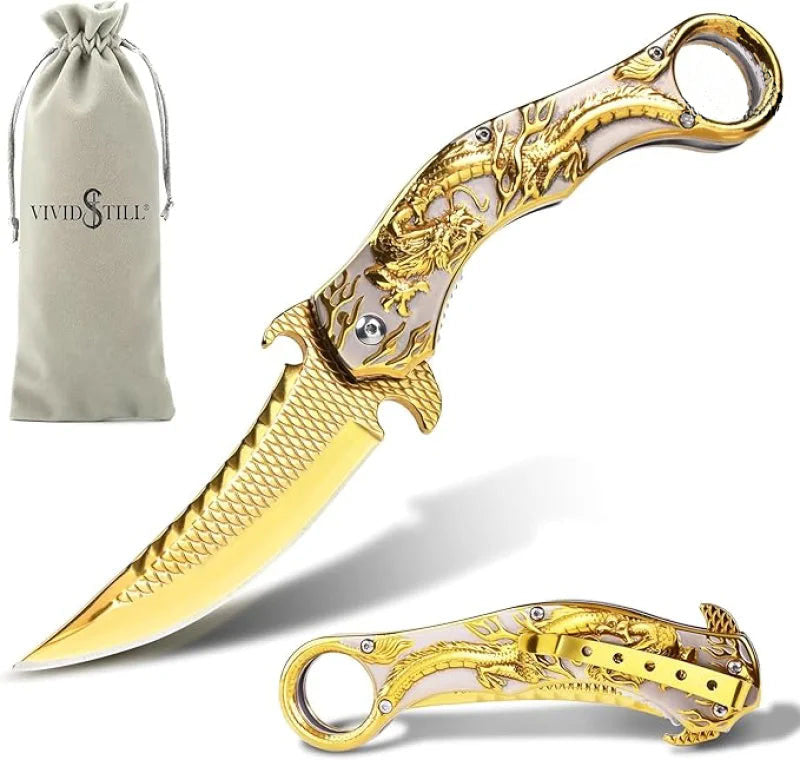 Portable folding knife with gold dragon relief design
