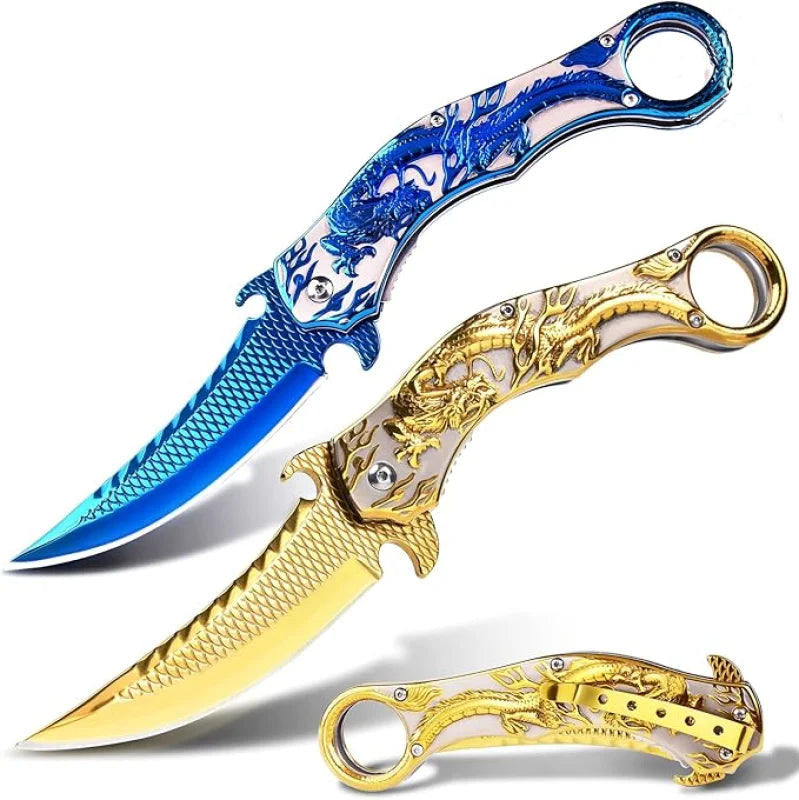 Portable folding knife with gold dragon relief design
